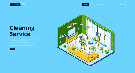Cleaning service isometric landing page, cleaners in uniform with equipment washing windows and floor in living room. Professional mopping, rub, sweeping home work, 3d vector line art web banner