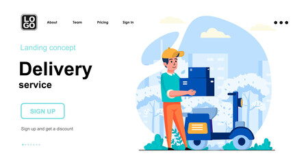 Delivery service web concept. Courier on motorcycle carries parcels boxes, fast delivery at home. Template of people scene. Vector illustration with character activities in flat design for website