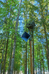 An old loudspeaker hangs on a post with a camouflage net in the forest