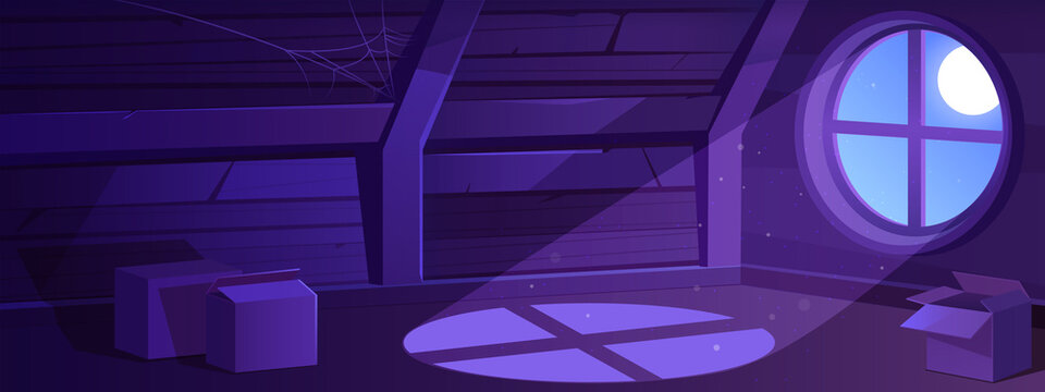 House Attic Interior At Night, Empty Old Mansard Illuminated With Moon Light Falling Through Round Window. Spacious Room With Carton Boxes And Spider Web On Roof Beams, Cartoon Vector Illustration