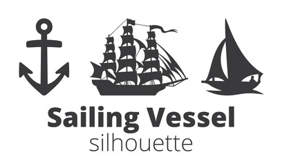 Sailing vessel silhouette icon in black. Anchor emblem. Sailing ship types on white background. Vector print illustration