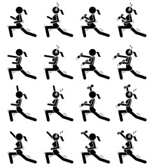 Woman exercise in different poses. Black stick figures exercising. Vector print illustration