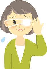 イラスト素材：ケガシリーズ　年配女性が眼帯をつけて痛がっている姿

