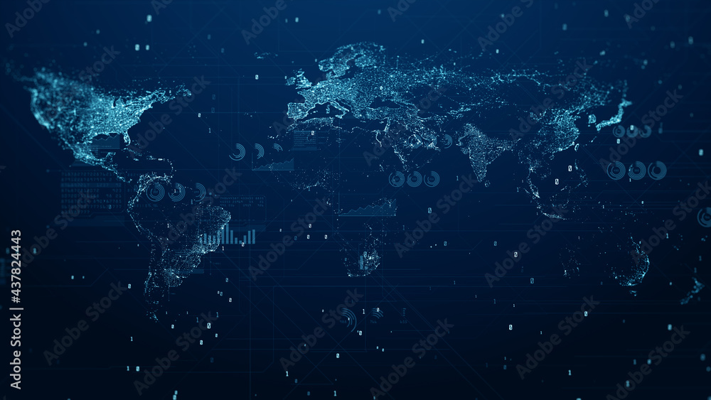 Poster HUD and digital cyberspace with charts and Technology digital data global network connections background concept. 3d rendering