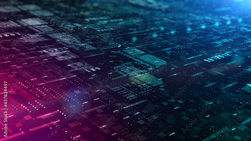 Poster Digital cyberspace futuristic, Digital data matrix flowing and lighting, High speed internet connection data analysis process motion abstract background. 3d rendering
