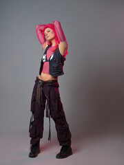 Futuristic fashion, a young bright and attractive woman with pink hair,