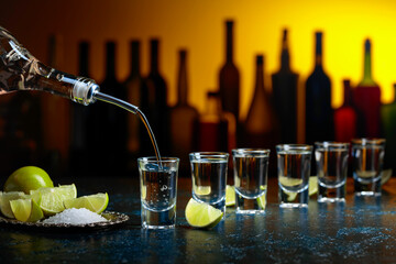 Shots of tequila with salt and lime.