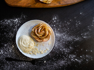 Apple roses, apple buns, serving with whipped cream and almond petals,
