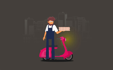 Pizza delivery by courier with scooter flat vector illustration