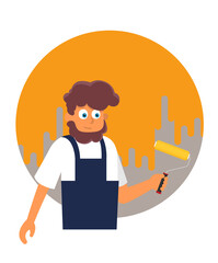 Painter is holding a paint roller in hand. Vector illustration of flat design style