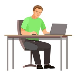 Fototapeta na wymiar Guy is sitting at table. Young handsome handsome boy at computer. Friendly smile. In jeans, T-shirt and sneakers. Works. Cartoon flat style. Illustration is isolated on white background. Vector