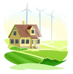 Wind power generator. Country house. Cartoon flat style. Isolated background. An environmentally friendly source of renewable energy. Turbine with blades. Village. In the meadow. Sun and sky. Vector.