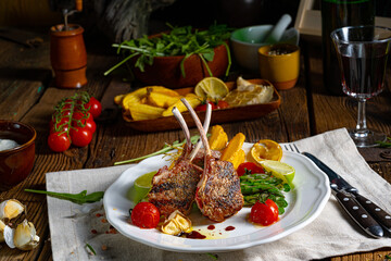 Lamb chops marinated in herbs with green asparagus and lime