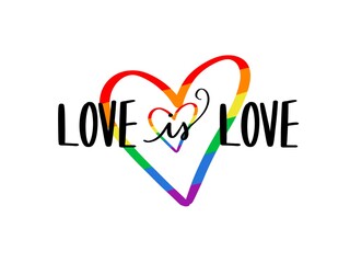 Love is love rainbow type. Gay hand written lettering poster. LGBT rights concept. Love is love. Heart, rainbow heart 