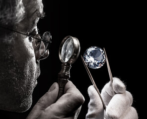 Large gemstone in jeweler's hand close up. Gem identifying and evaluating process.