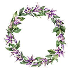 Naklejka premium Round invitation frame. Rustic wedding greenery. Watercolor save the date card. Summer botanical wreath. Isolated on white