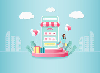 Obraz premium Digital marketing online on mobile application. Woman Carry shopping bag with gift box on round podium. Sky background vector illustration.