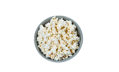 Popcorn isolated on white background with clipping path. The sweet popcorn in a ceramic bowl, top view. Copy space, no shadows