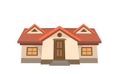 A wide cartoon house. Cozy simple rural dwelling in a traditional European style. Sweet home. Isolated on white background. Vector