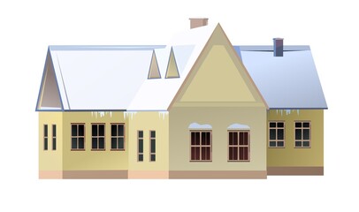 Country house. Winter season. Window. The roof is covered with snow. Gable roof outbuilding. Nice and cozy suburban private home. Flat cartoon style. Vector art