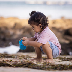 Cute little girl sitting on sandy beach, playing with bucket and sand. Happy childhood. Summer vacation. Holiday concept. Baby girl wearing shorts, T-shirt. Bali, Indonesia