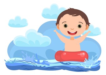 Obraz na płótnie Canvas Boy is having fun. Waves of water river, sea or ocean. Swimming, diving and water sports. Pool. Isolated on white background. Illustration in cartoon style. Flat design. Vector art