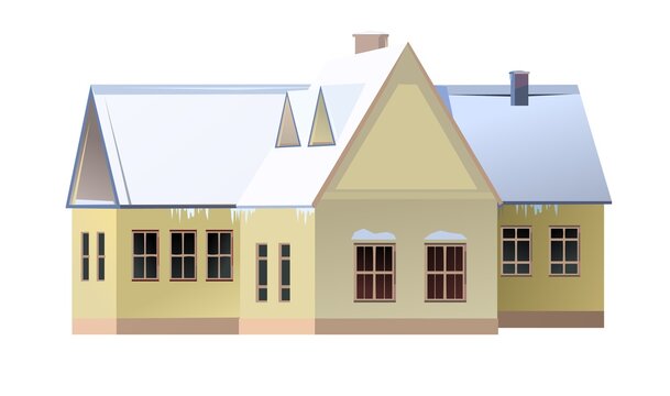 recommend clip art: Country house. Winter season. Window. The roof is covered with snow. Gable roof outbuilding. Nice and cozy suburban private home. Flat cartoon style. Vector art