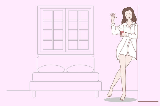 A long-haired woman in pajamas just woke up and greeted her in the bedroom. It is a picture in pastel color style.