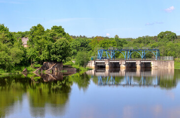 A dam and sluices on the Sesupe river in the city of Krasnoznamensk, Kaliningrad Region