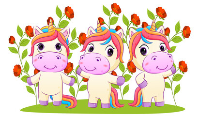 The collection of unicorn are posing in the garden full of flowers with the bright color