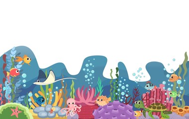 The bottom of the reservoir with fish. Blue water. Sea ocean. Underwater landscape with animals, plants, algae and corals. Illustration in cartoon style. Isolated. Flat design. Vector art