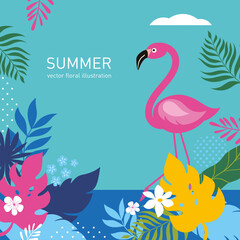 Pink flamingo with jungle exotic leaves. Cartoon vector illustration, poster, art print . Hello summer bright  background	