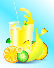 Illustration of glass of multifruit juice. Fresh multifruit juice summer drink
