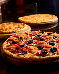 Pizza with vegetables and meat. Party concept, different kinds of pizza on wooden table. Junk food, fast food concept