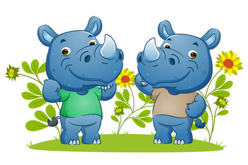 The couple of the strong rhino showing the muscle and doing sport in the garden