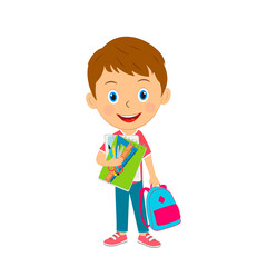 cute cartoon boy stand with school supplies
