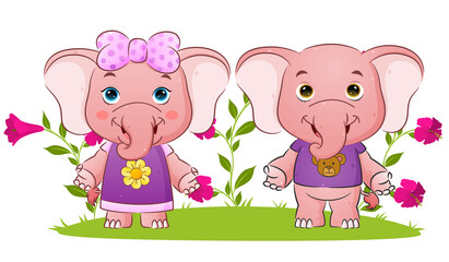 The couple elephant is standing and giving the greeting in the garden