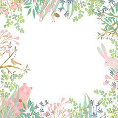 Fototapeta premium 森の動物と植物の北欧風かわいいフレームイラスト素材 
