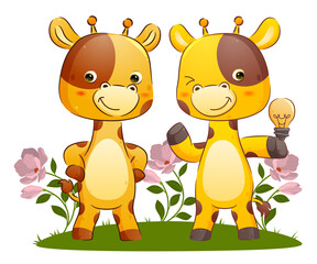 The smart couple of giraffe is holding a lamp because of getting a good idea