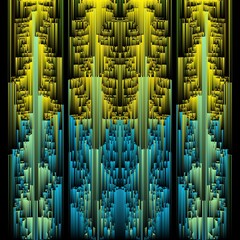intricate geometric image in shades of blue and turquoise blue and yellow gold on a black background