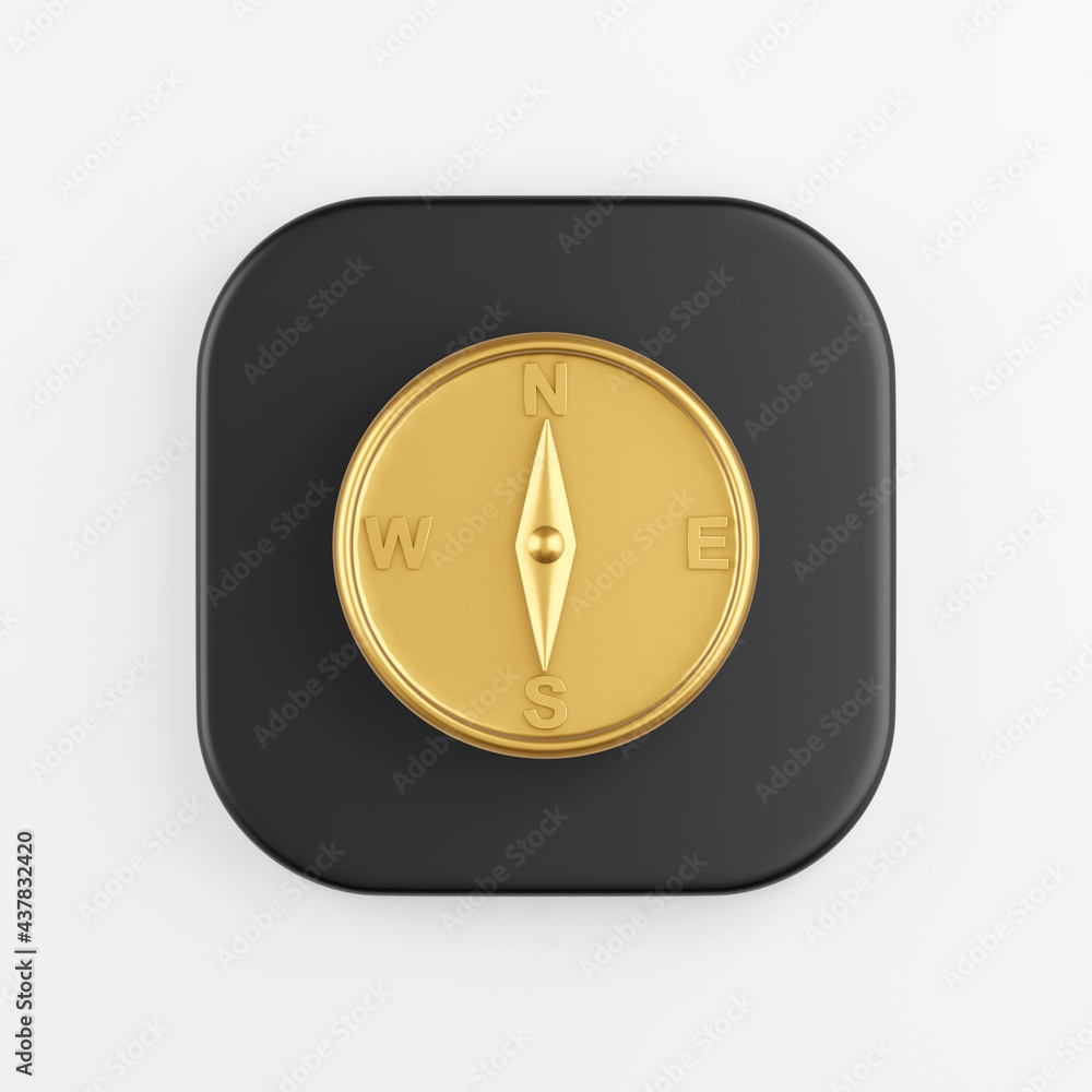 Poster golden magnetic compass icon. 3d rendering of black square key button, interface ui ux element.