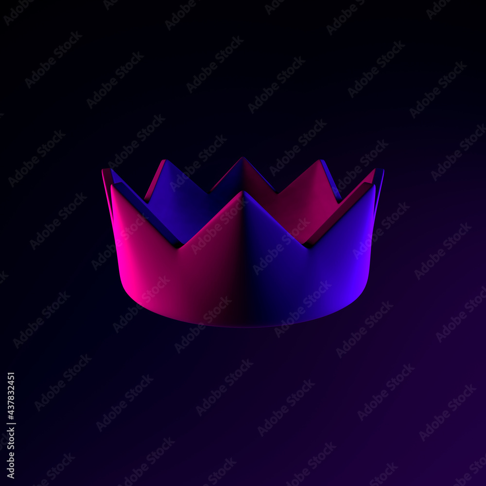 Poster neon crown icon. 3d rendering ui ux interface element. dark glowing symbol.