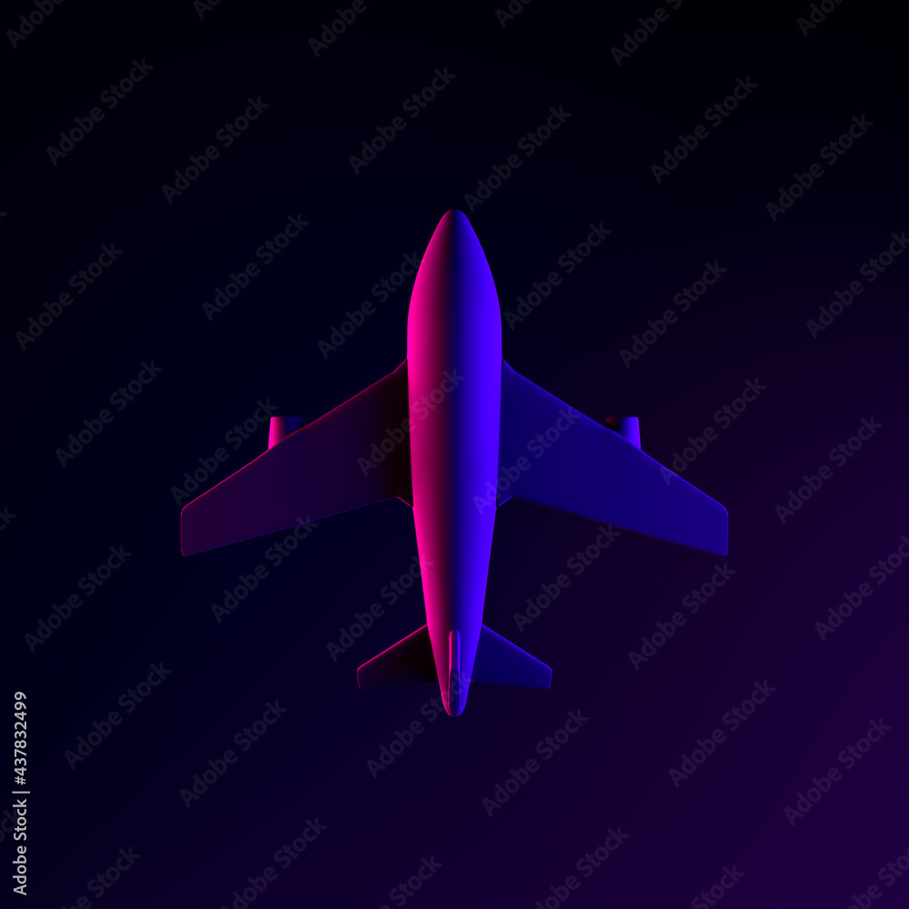 Poster airplane neon icon. 3d rendering ui ux interface element. dark glowing symbol.