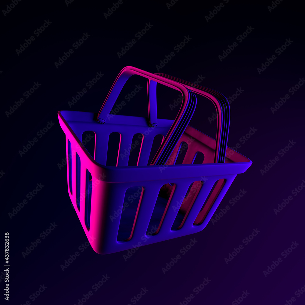 Poster supermarket shopping basket neon icon. 3d rendering ui ux interface element. dark glowing symbol.