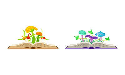 Open Book with Different Fabulous Mushrooms Vector Set