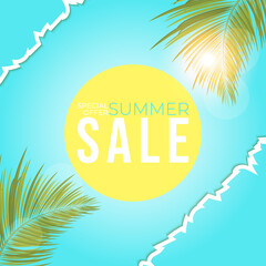 summer sale poster with leaves palm,  summer banner for promotion.