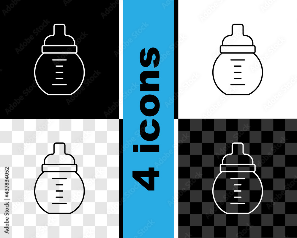 Wall mural Set line Baby milk in a bottle icon isolated on black and white, transparent background. Feeding bottle icon. Vector