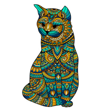Zentangle stylized cat colored print in bright colors
