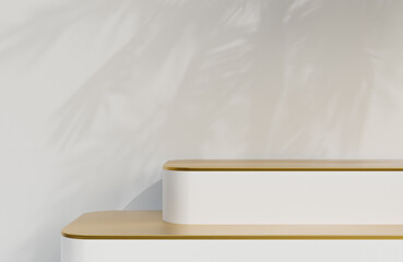 White and Gold podium for product presentation on white wall background luxury style.,3d model and illustration.