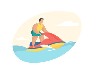 Resort traveler rides jet ski. Highspeed extreme attraction water. Man in life jacket merrily jumping over waves aquabike. Powerful sports engine racing and fun. Vector flat illustration isolated